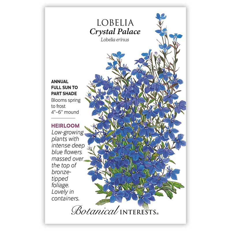 Seed packet for Crystal Palace Lobelia featuring an illustration of a mounded plant covered in small deep blue five-petaled flowers with white throats over bronze-tinged green foliage, with text noting it's an heirloom annual for full sun to part shade, blooming spring to frost, forming a 4-6 inch mound suited to containers.