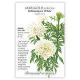 Botanical Interests seed packet for Kilimanjaro White African Marigold, illustrated with fully double, creamy white pompon blooms and feathery green foliage, plus text noting it's an annual for full sun, blooming summer to frost at 18 inches tall.