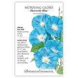 Seed packet for Heavenly Blue Morning Glory illustrating trumpet-shaped sky-blue flowers with white throats on a trailing vine, with printed text noting it's an heirloom annual for full sun, blooming summer to frost on a 15-foot vine.