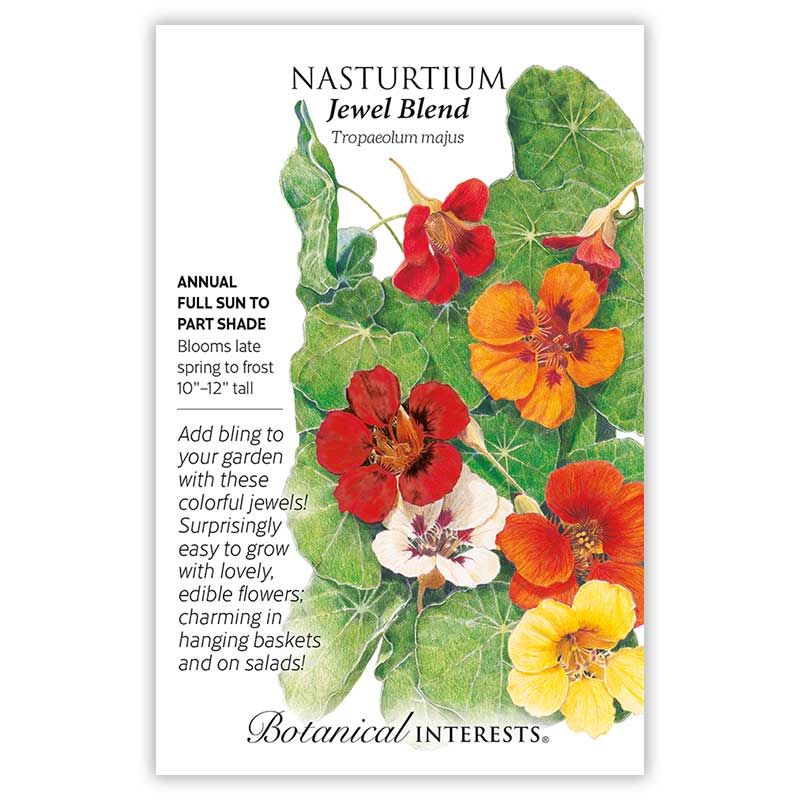 Botanical Interests seed packet for Jewel Blend Nasturtium, illustrated with round green leaves and multiple trumpet-shaped blooms in red, orange, white, and yellow, alongside printed text describing it as a full sun to part shade annual, 10–12 inches tall, blooming late spring to frost, with edible flowers suited to hanging baskets and salads.