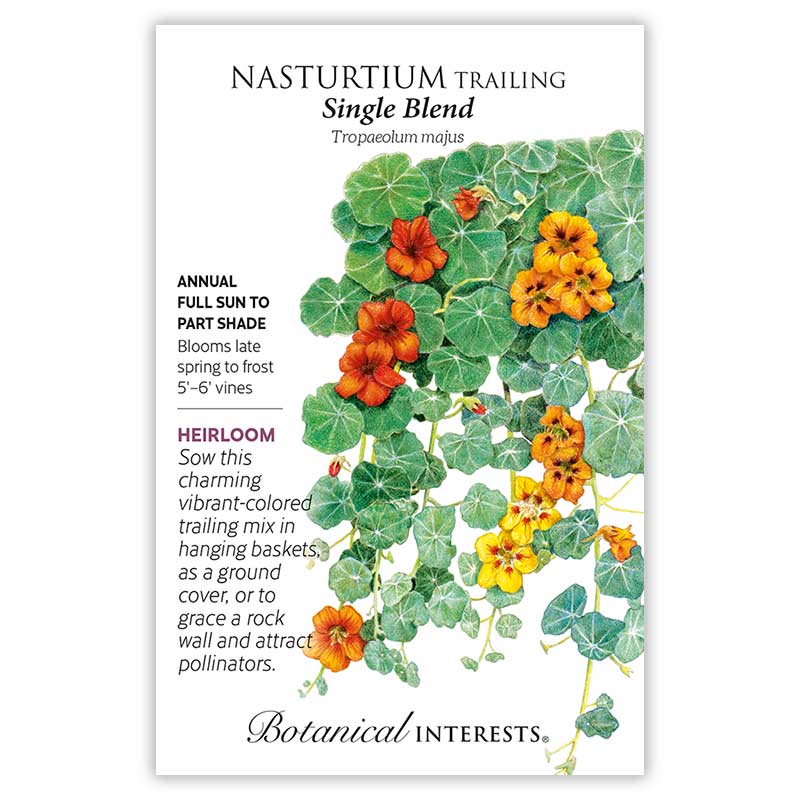 Seed packet for Single Blend Trailing Nasturtium featuring a botanical illustration of trailing vines with round green leaves and vibrant orange, red, and yellow funnel-shaped flowers, with text noting it's an heirloom annual for full sun to part shade, blooming late spring to frost, growing 5–6 foot vines, suited for hanging baskets, ground cover, or rock walls.
