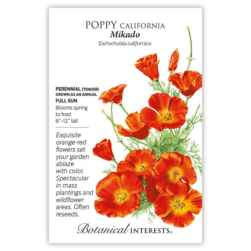 Seed packet for Poppy California Mikado with floral illustration and botanical information.