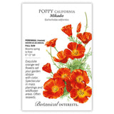 Seed packet for Poppy California Mikado with floral illustration and botanical information.