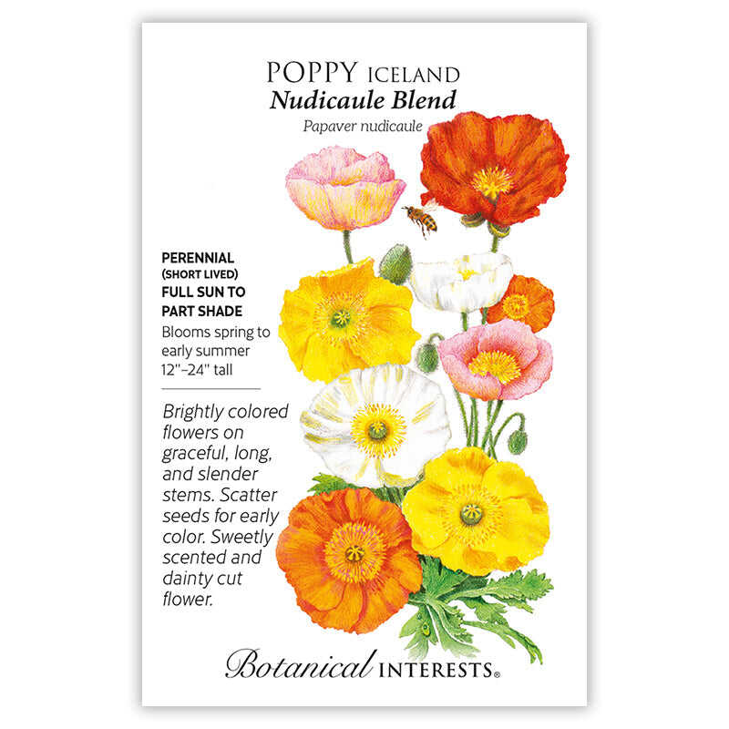Seed packet for Nudicaule Blend Iceland Poppy showing an illustrated bouquet of orange, pink, yellow, and white poppies with a bee, alongside text noting it's a short-lived perennial for full sun to part shade, blooming spring to early summer at 12–24 inches tall with fragrant, long-stemmed flowers good for cutting.