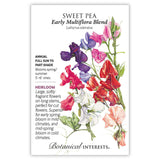 Seed packet for Early Multiflora Blend Sweet Pea, illustrated with clusters of ruffled purple, pink, red, white, and salmon blooms on trailing vines, with text noting it's an heirloom annual for full sun to part shade, blooming spring/summer on 5'–6' vines.
