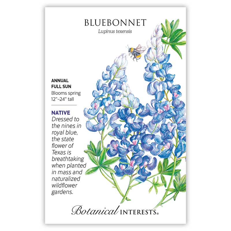 Bluebonnet seed packet illustrated with a spike of deep blue and white lupine flowers visited by a bumblebee, alongside text noting it's a native Texas annual for full sun, blooming 12