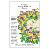 Botanical Interests seed packet for Johnny-Jump-Up Viola featuring an illustration of purple and yellow tricolor blooms spilling over a stone path, with printed text noting it's a perennial, full sun to part shade, heirloom, self-sowing cutting flower reaching 4–12 inches tall.