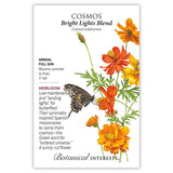 Cosmos seed packet with illustrations of flowers and a butterfly, featuring botanical informaiton.
