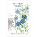 Front of a Botanical Interests seed packet for Miss Jekyll Blend Love-In-A-Mist Seeds featuring a detailed botanical  information and illustration of blue flowers and delicate lacy foliage.