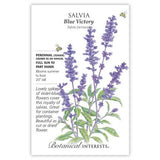 Seed packet for Blue Victory Salvia illustrated with tall violet-blue flower spikes and green foliage, with printed text noting it's a tender perennial grown as an annual, full sun to part shade, blooming summer to frost at 20 inches tall, suited to containers and cut or dried arrangements.