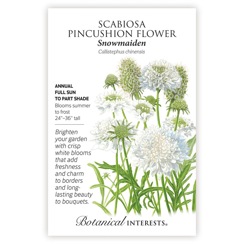 Seed packet with illustration of snowmaiden scabiosa pincushion flower with growing information. 