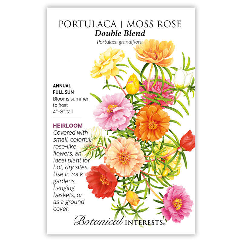 Seed packet for Botanical Interests Double Blend Portulaca Moss Rose with with illustration and growing information.