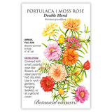 Seed packet for Botanical Interests Double Blend Portulaca Moss Rose with with illustration and growing information.