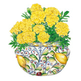 Illustration of Lemon Drop French Marigold showing pompom-shaped yellow blooms and ferny green foliage in a decorative bowl painted with lemons and a blue scroll pattern.