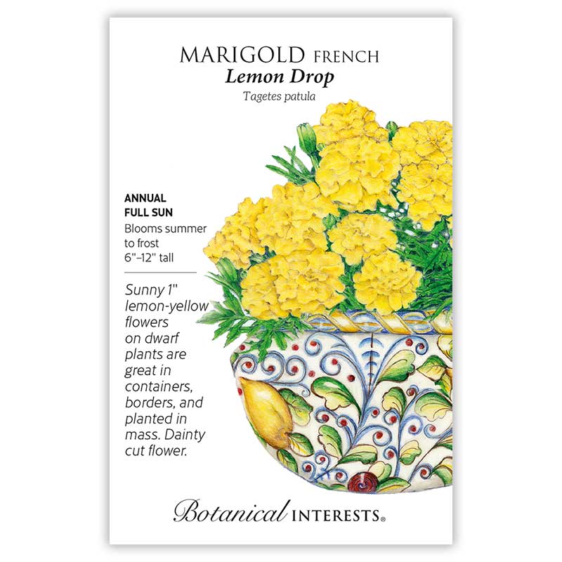 Seed packet for Lemon Drop French Marigold showing an illustration of double, lemon-yellow ruffled blooms with feathery green foliage in a decorative blue and yellow patterned bowl, with text noting it's an annual for full sun, blooming summer to frost at 6