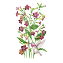 Illustration of a hummingbird feeding on pink Bronze Queen Nicotiana flowers with green leaves on a white background
