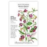 Seed packet for Bronze Queen Nicotiana with illustration of its flower and botanical information