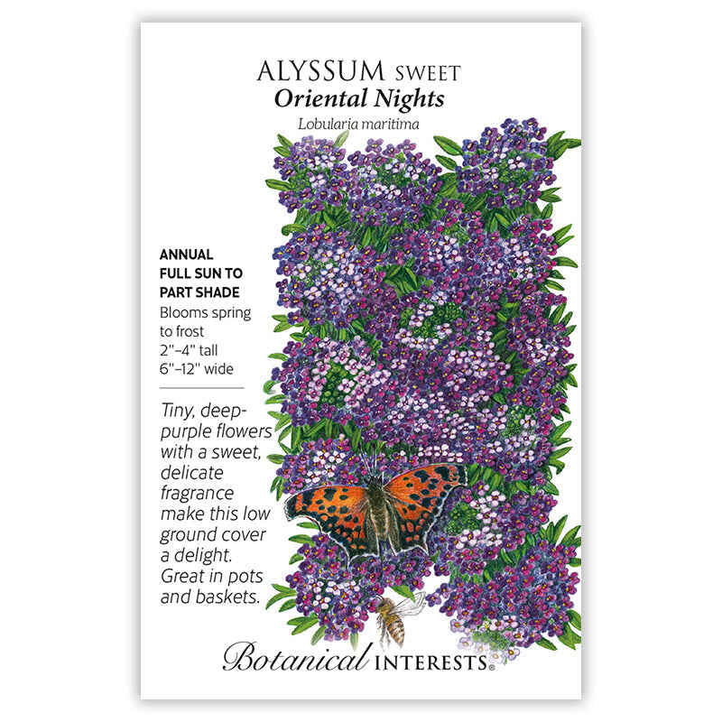 Seed packet for Alyssum sweet with butterfly illustration and botanical information on a white background