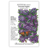 Seed packet for Alyssum sweet with butterfly illustration and botanical information on a white background