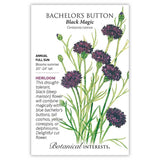Seed packet for Bachelor's Button Black Magic with botanical illustration and  growing information..
