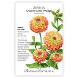 Seed packet for Queeny Lime Orange zinnia illustrated with large double blooms in orange, yellow-green, and red-centered petals on leafy stems, with text noting it's a full-sun annual growing 30 to 40 inches tall that blooms summer to frost, ideal for bouquets.