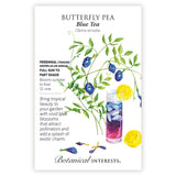 Seed packet for Butterfly Pea Blue Tea with indigo flowers and growing information.