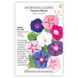 Seed packet for Sunrise Blend Morning Glory featuring an illustration of trumpet-shaped flowers in navy, magenta, pink, white and purple with green leaves, alongside text noting it's an annual for full sun, blooming summer to frost, growing 8'-10' tall, ideal for hanging baskets, fences and trellises.
