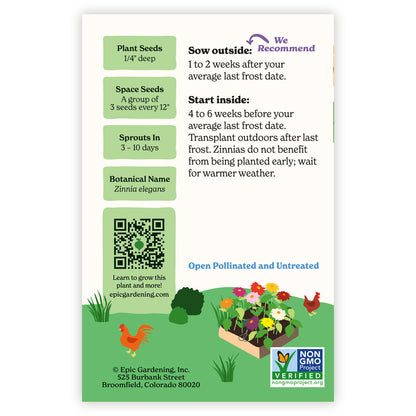 Dahlia Flowered Mix Zinnia seed packet  with plant care instructions and a QR code for additional information.