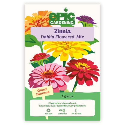 Epic Gardening Zinnia Dahlia Flowered Mix seed packet with colorful zinnia illustrations on a white background.