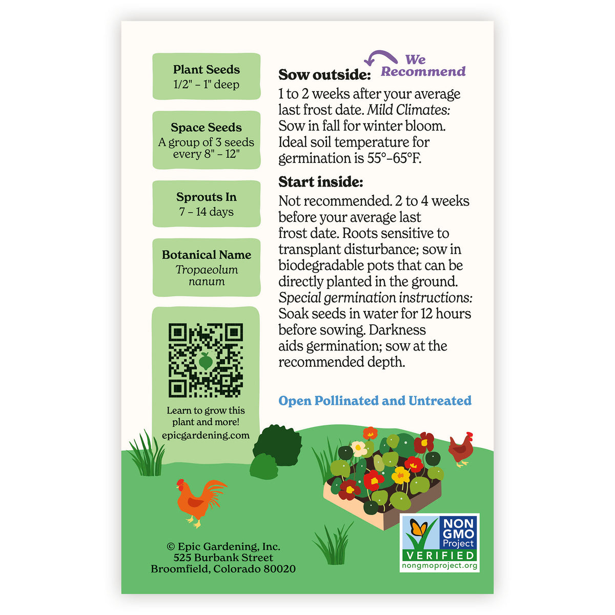Whirlybird Mix Nasturtium seed packet with gardening instructions and QR code on a white background.