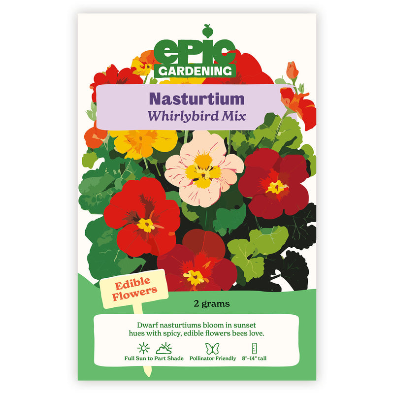 Epic Gardening Nasturtium Whirlybird Mix seed packet with colorful flowers on a white background