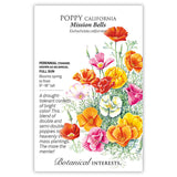 Front of an organic Botanical Interests seed packet for Mission Bells California Poppy Seeds displaying heirloom description and a botanical illustration of colorful double and semi-double poppies.