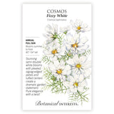 Fizzy White Cosmos seed packet with botanical illustration and botanical information on a white background