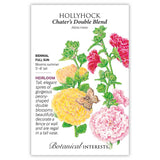 Seed packet for Chater's Double Blend hollyhock featuring a botanical illustration of tall stems with peony-shaped double blooms in yellow, pink, and red visited by a small butterfly, alongside text noting it's a biennial, full-sun, heirloom variety growing 5–8 feet tall with summer blooms.