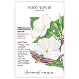 Moonflower seed packet illustrating large, trumpet-shaped white blossoms with heart-shaped green leaves and a moth feeding on the flower, alongside text noting it's a heirloom tender perennial vine grown as an annual, blooming summer to first frost in full sun.