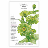 Seed packet for Zinnia Envy with botanical illustration and growing information.