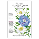 Seed packet for Isaac House Blend Scabiosa Pincushion Flower featuring a watercolor illustration of frilly white and lavender-blue blooms with pincushion-like yellow centers on green stems, alongside text noting it's a heirloom perennial for full sun to part shade, blooming summer to frost, 18-30 inches tall, bred for long-stemmed cut flowers.