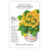 Seed packet for Lady's Purse with yellow flowers and green leaves, with botanical information.
