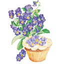 Illustration of King Henry viola with clusters of deep purple, yellow-throated flowers and green foliage, plus crystallised violet blooms decorating an iced cupcake, on a white background.