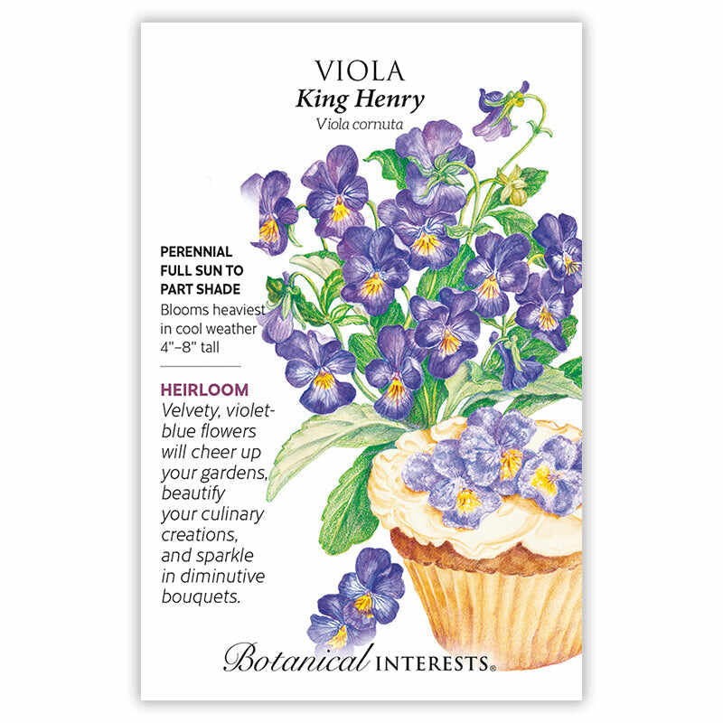 Seed packet for Viola King Henry with floral illustration and growing information.