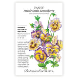 Frizzle Sizzle Lemonberry Pansy seed packet with botanical illustration and botanical information on a white background
