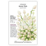 Botanical Interests seed packet for Bunny Tails Grass (Lagurus ovatus) illustrated with clusters of fuzzy, oval white-and-green flower heads on slender green stems, with printed text noting it's an heirloom annual for full sun to part shade, blooming summer to frost, growing 10–20 inches tall, and suited to fresh-cut or dried arrangements.