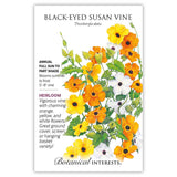 Botanical Interests seed packet for Black-Eyed Susan Vine, illustrated with dark-centered orange, yellow, and white trumpet-shaped flowers twining among green leaves, with printed text noting it's a heirloom annual vine growing 5-8 feet in full sun to part shade, blooming summer to frost.