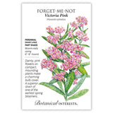 Seed packet for Victoria Pink Forget-Me-Not featuring a botanical illustration of small pink five-petaled flower clusters with yellow centers on green stems, with text noting it's a part-shade perennial blooming early spring as a 6–8 inch mound.