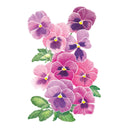 Illustration of pink and purple Matrix® Rose Blotch Pansy flowers with green leaves on a white background