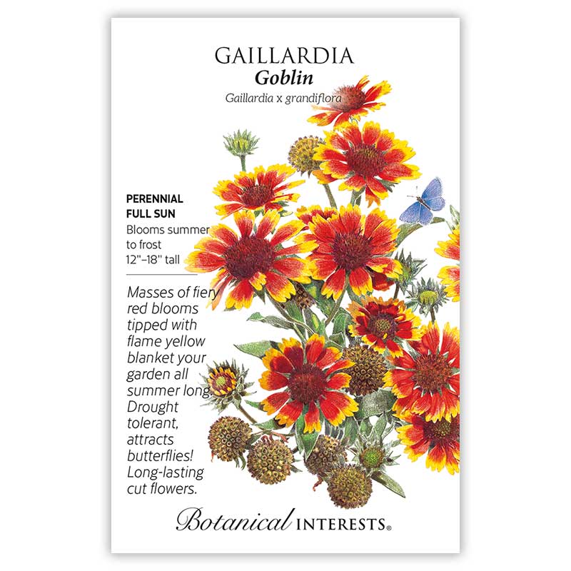 Gaillardia Goblin seed packet with botanical information and colorful flowers illustration on a white background