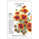 Gaillardia Goblin seed packet with botanical information and colorful flowers illustration on a white background