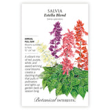 Salvia Estella Blend seed packet with colorful salvia flowers and botanical information.