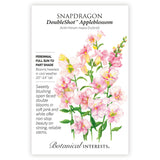 Seed packet for Snapdragon DoubleShot Appleblossom with floral illustration and botanical information. 