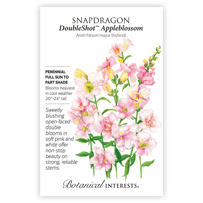 Seed packet for Snapdragon DoubleShot Appleblossom with floral illustration and botanical information. 